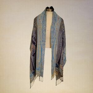 Lightweight Paisley Scarf Blue and Purple Pashmina Wrap with Fringe 78"x22"